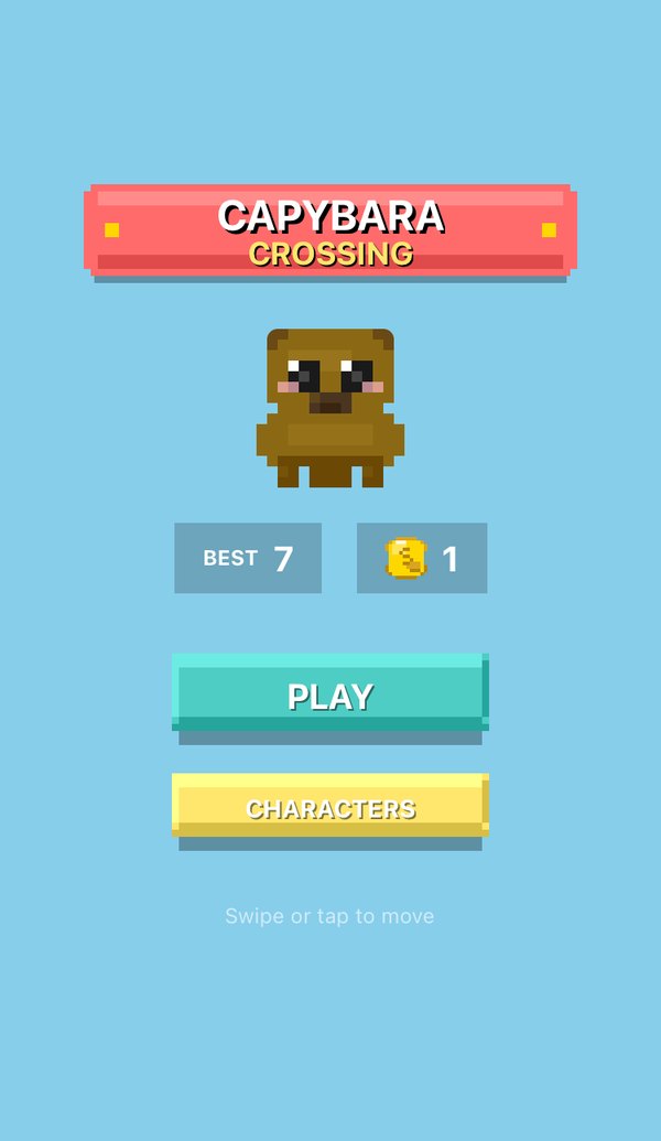 The start screen: the coral Capybara Crossing title banner over a capybara on a sky-blue background, Best 7 and 1 coin, a teal Play button and a yellow Characters button