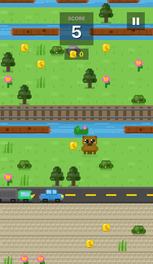 Gameplay: the capybara riding a lily pad across a river next to a coin, with a railway, more rivers and coin-strewn grass ahead; score 5